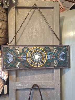Teal and Yellow Stained Glass Decorative Hanging Mirror Panel